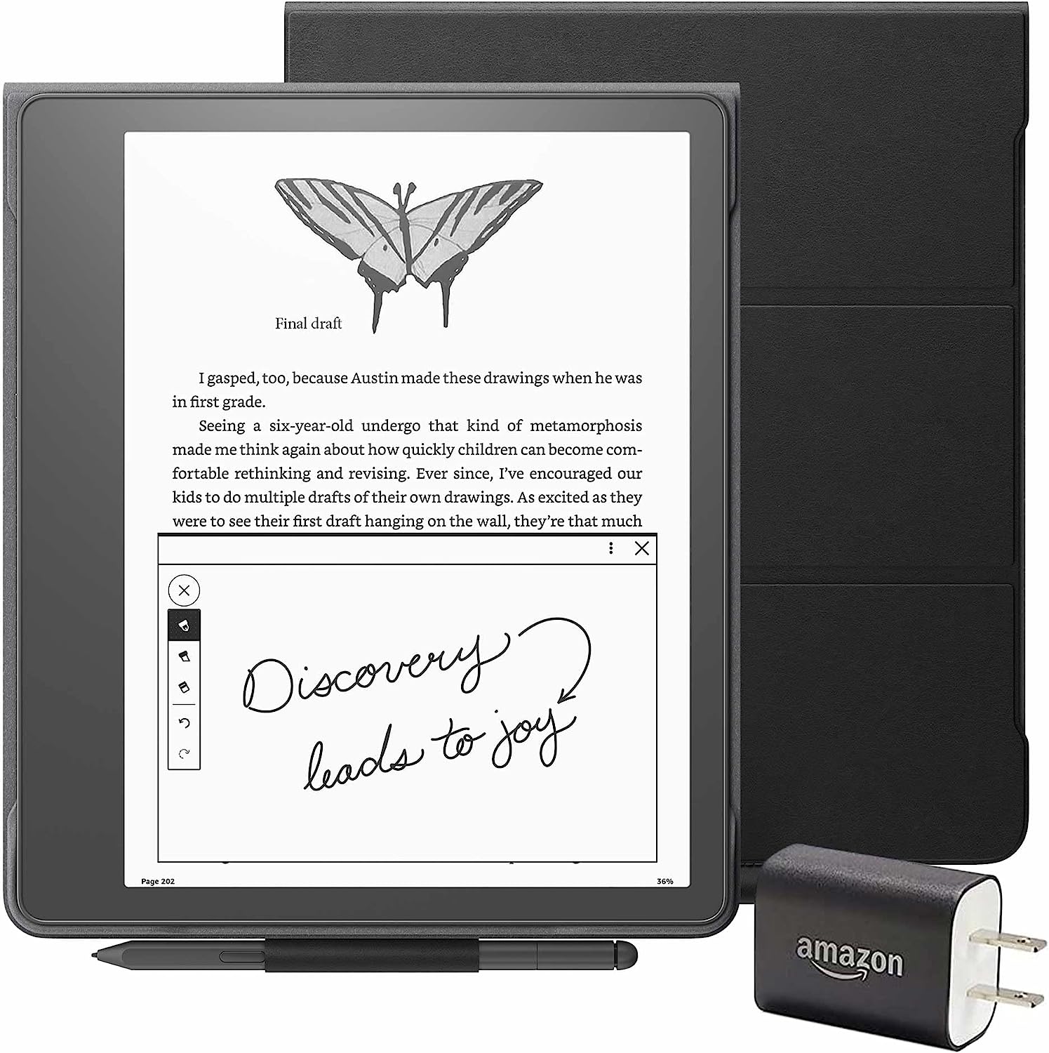 Kindle Scribe Essentials Bundle (32 GB), Premium Pen, Leather Folio Cover with Magnetic Attach and Power Adapter