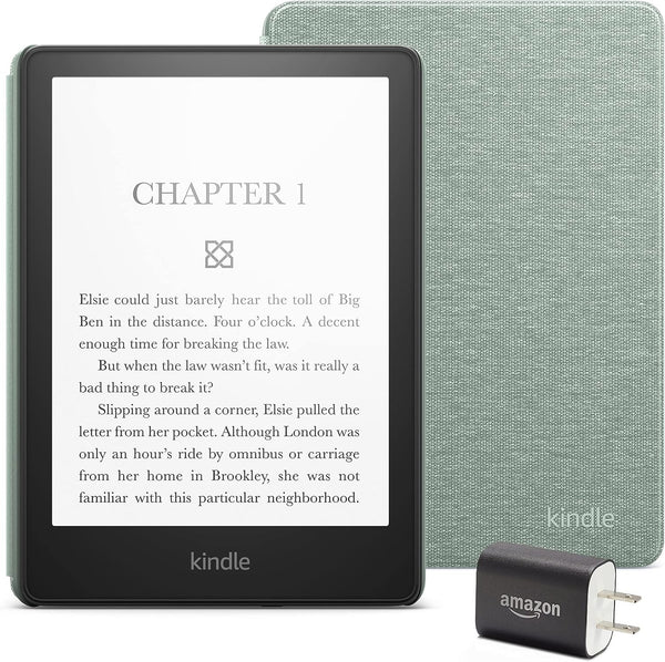 Kindle Paperwhite Essentials Bundle including Kindle Paperwhite - Wifi, Ad-supported, Amazon Fabric Cover, and Power Adapter