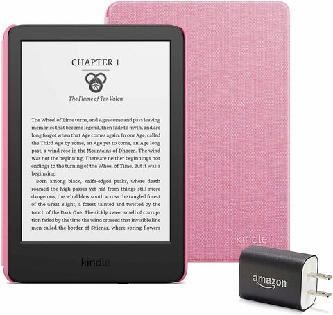 Kindle Essentials Bundle (2022 release) - Without Lockscreen Ads, Fabric Cover - Rose, and Power Adapter